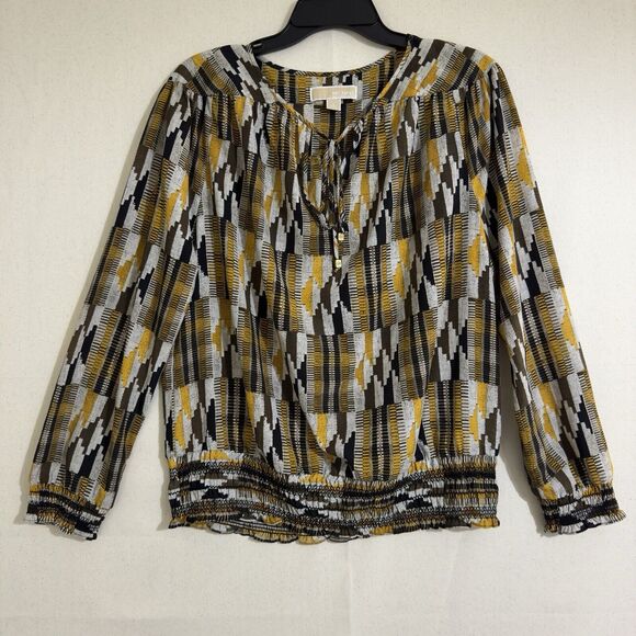 Michael Kors Geometric Yellow Brown Women’s Top size Large V Neck - Picture 1 of 8